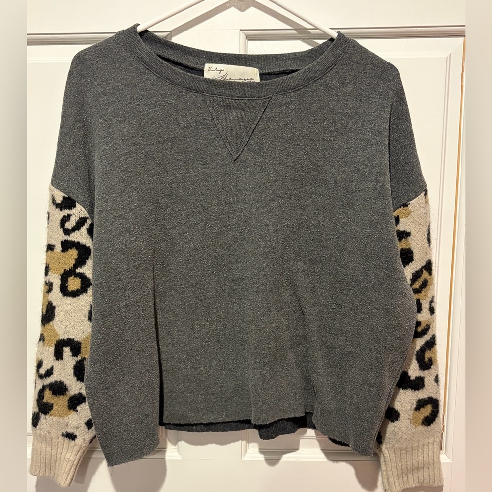 Vintage Havana Charcoal‎ Sweater with Animal Print Sleeves